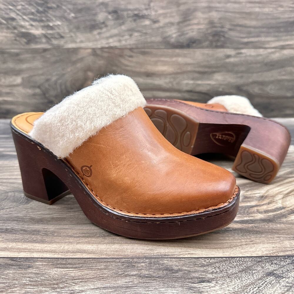NIB Born Hope 8M Shearling-Lined Open Back Heeled Leather Clogs Brown Tan - Picture 4 of 11